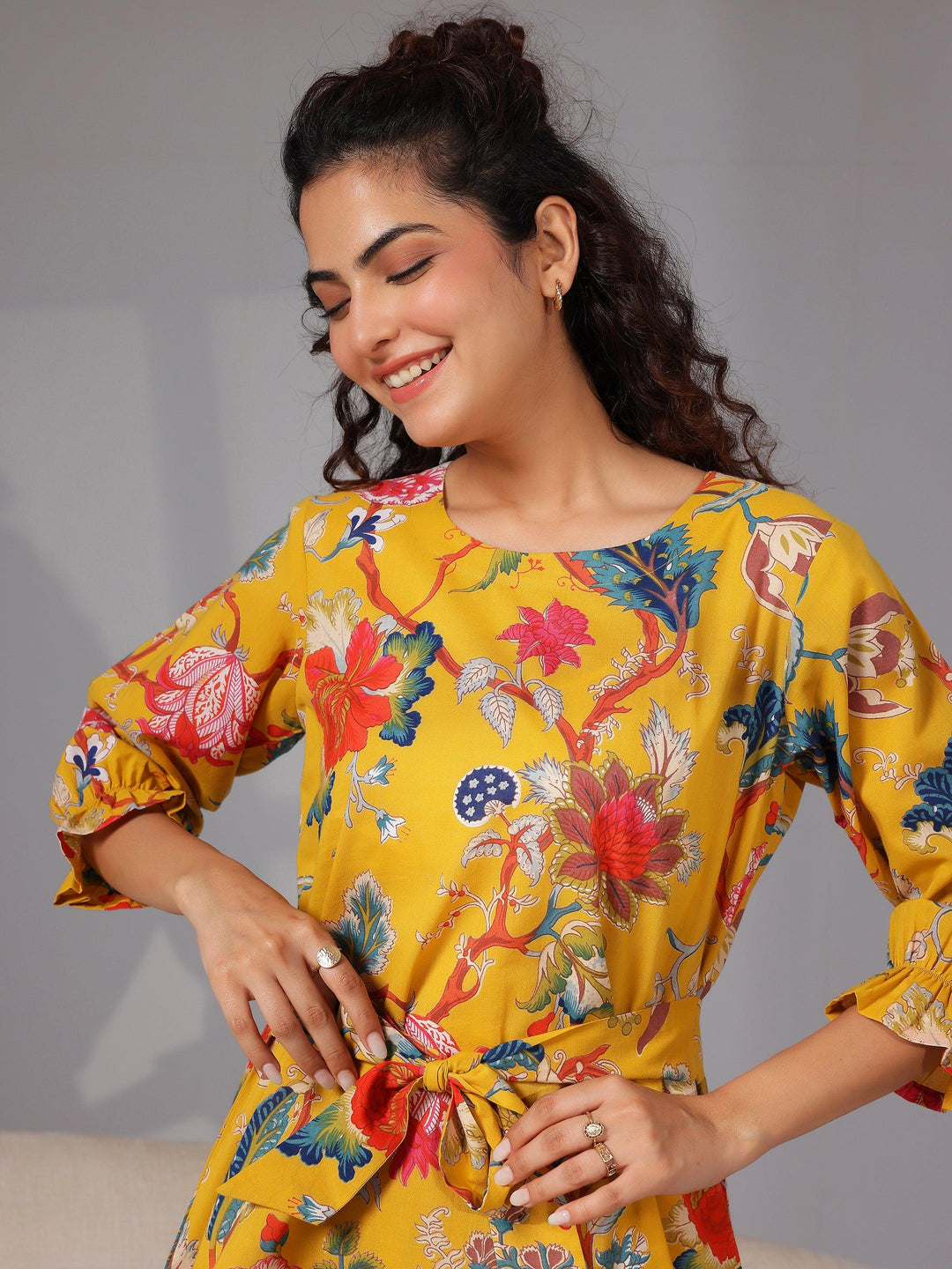 Mustard Printed Cotton Night Suits - Libas 