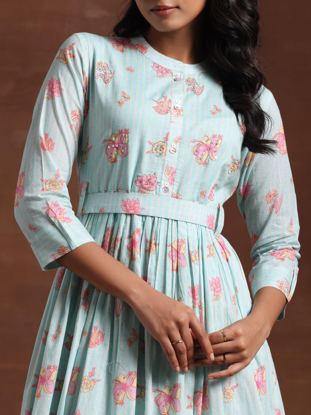 Sea Green Printed Cotton Fit and Flare Dress - Libas 