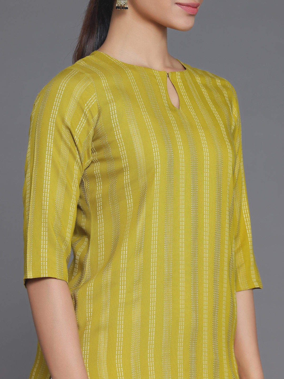 Mustard Striped Rayon Straight Kurta - Libas