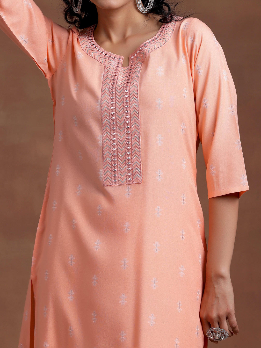 Peach Woven Design Cotton Straight Kurta - Libas 