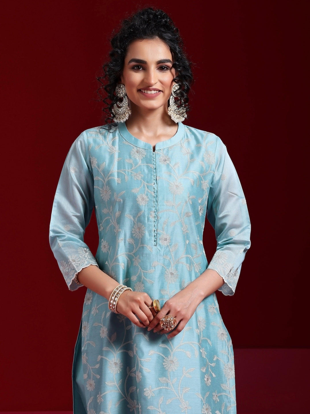 Libas Art Blue Embroidered Chanderi Silk Straight Suit With Dupatta - Libas 