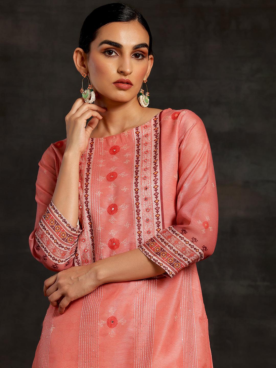 Pink Printed Chanderi Silk Straight Kurta - Libas