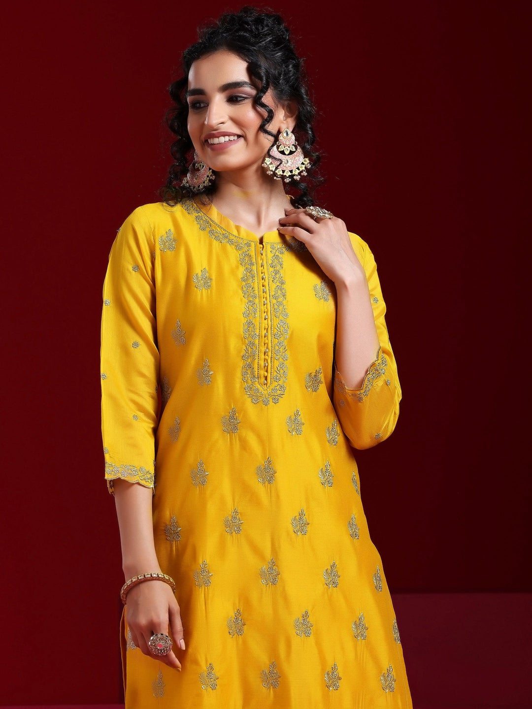 Libas Art Mustard Embroidered Chanderi Silk Straight Suit With Dupatta - Libas 