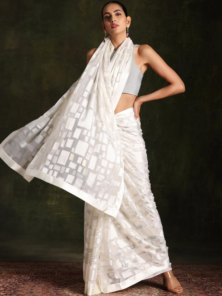 Off White Woven Design Brasso Saree With Unstitched Blouse Piece - Libas