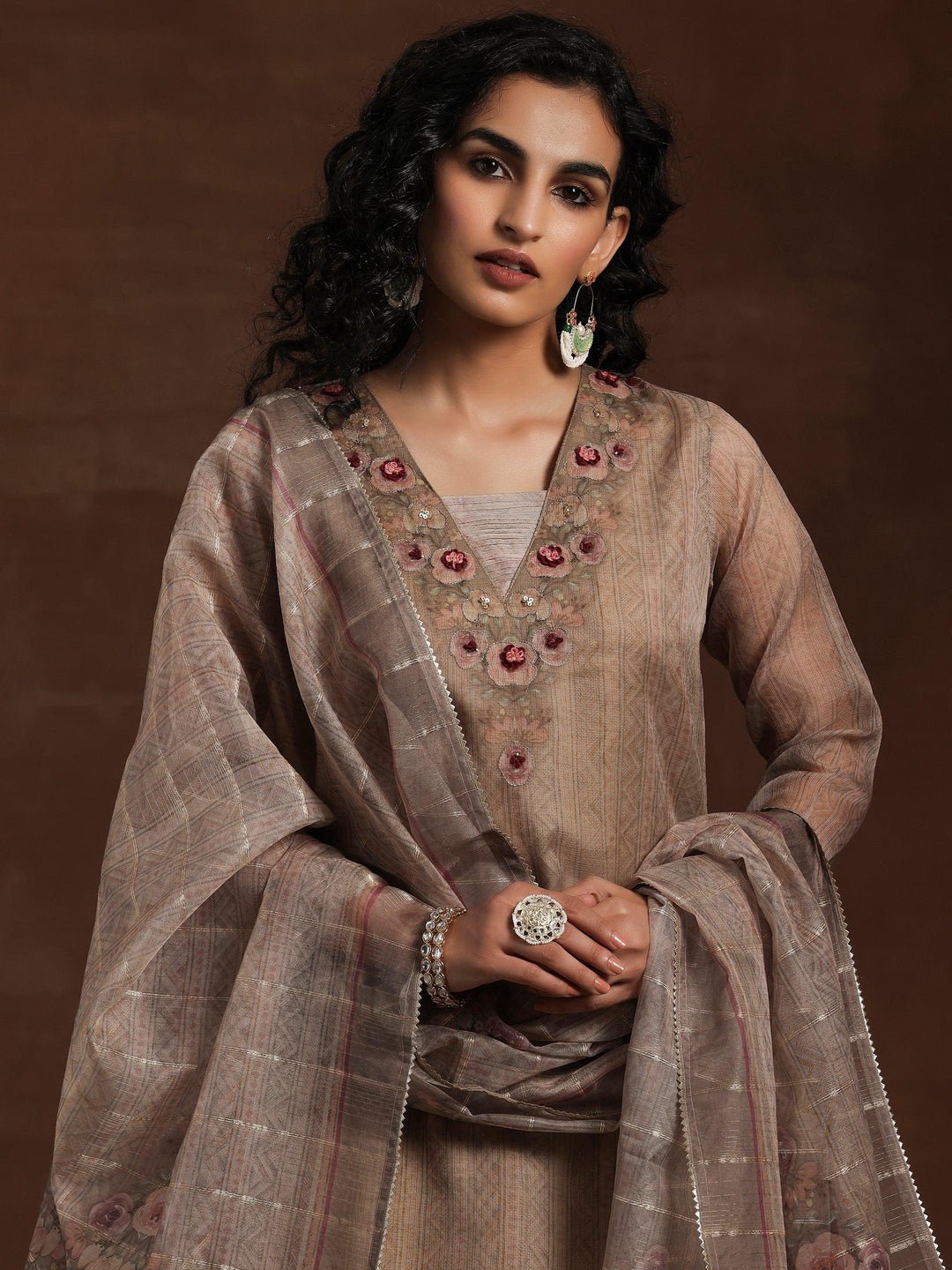 Tan Printed Organza Straight Suit With Dupatta - Libas 