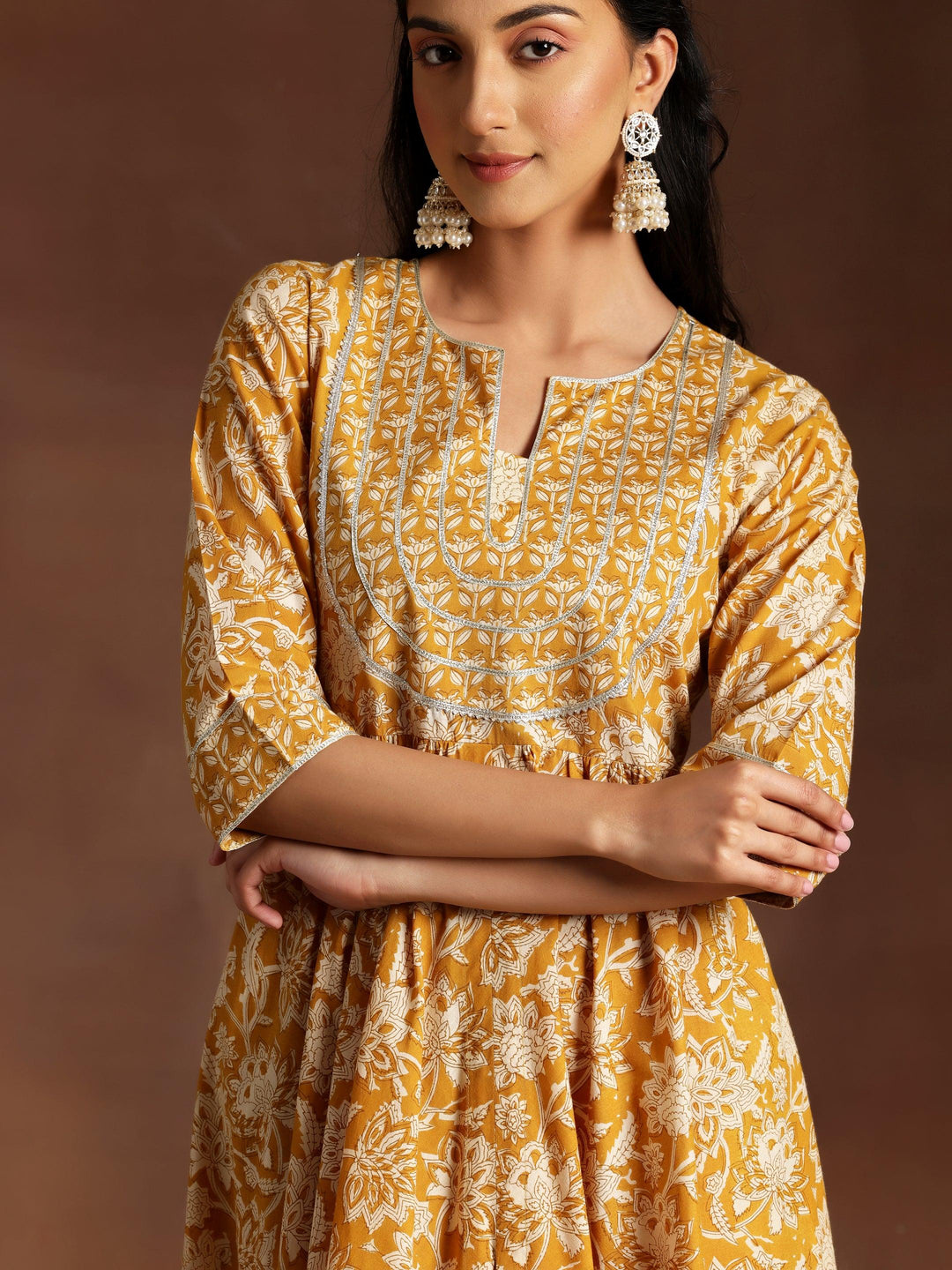 Mustard Printed Cotton Anarkali Suit With Dupatta - Libas 