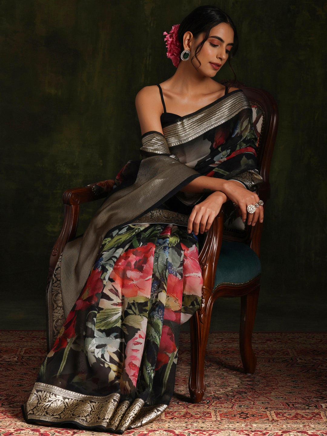 Black Printed Organza Saree With Unstitched Blouse Piece - Libas 