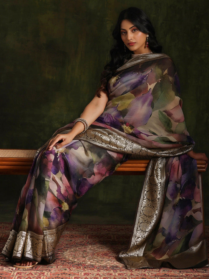 Multicoloured Printed Organza Saree With Unstitched Blouse Piece - Libas