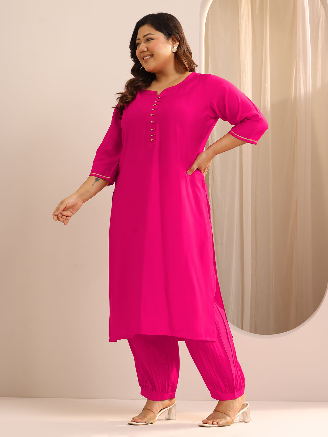  Plus Size Pink Solid Silk Blend Straight Suit Set With Dupatta 