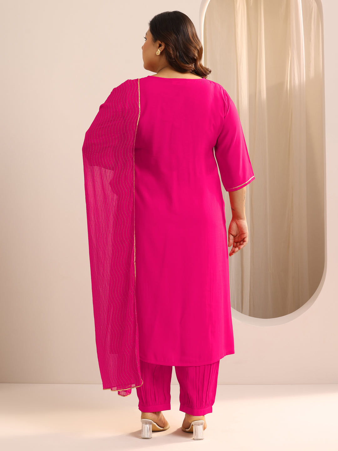  Plus Size Pink Solid Silk Blend Straight Suit Set With Dupatta 