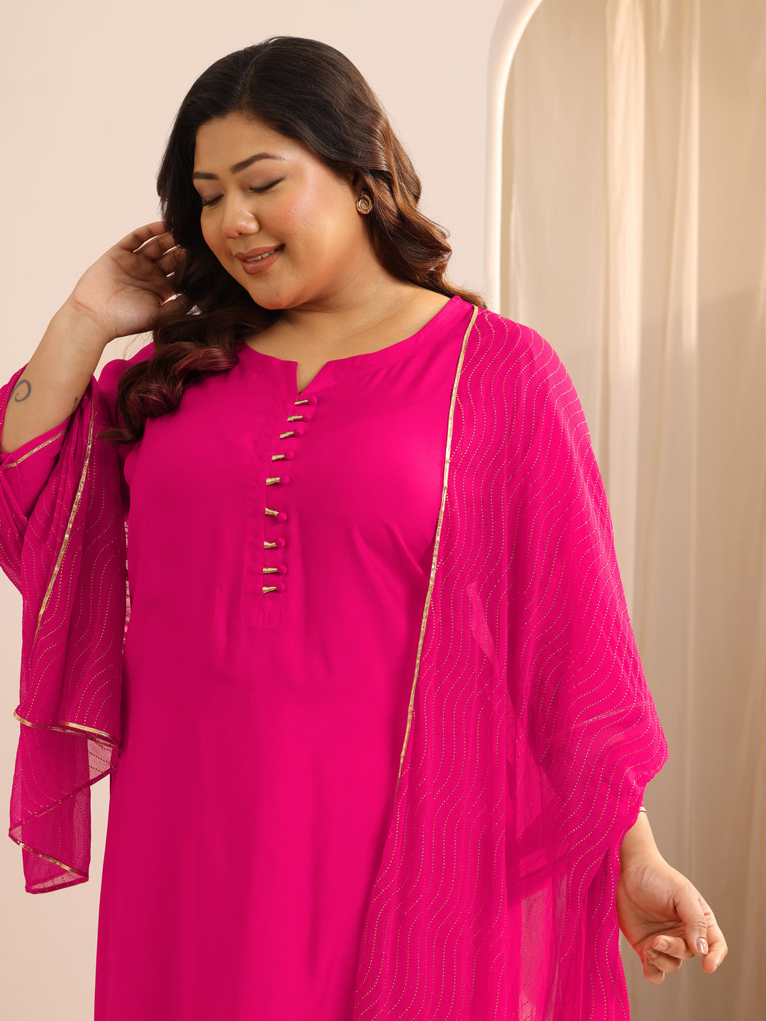  Plus Size Pink Solid Silk Blend Straight Suit Set With Dupatta 