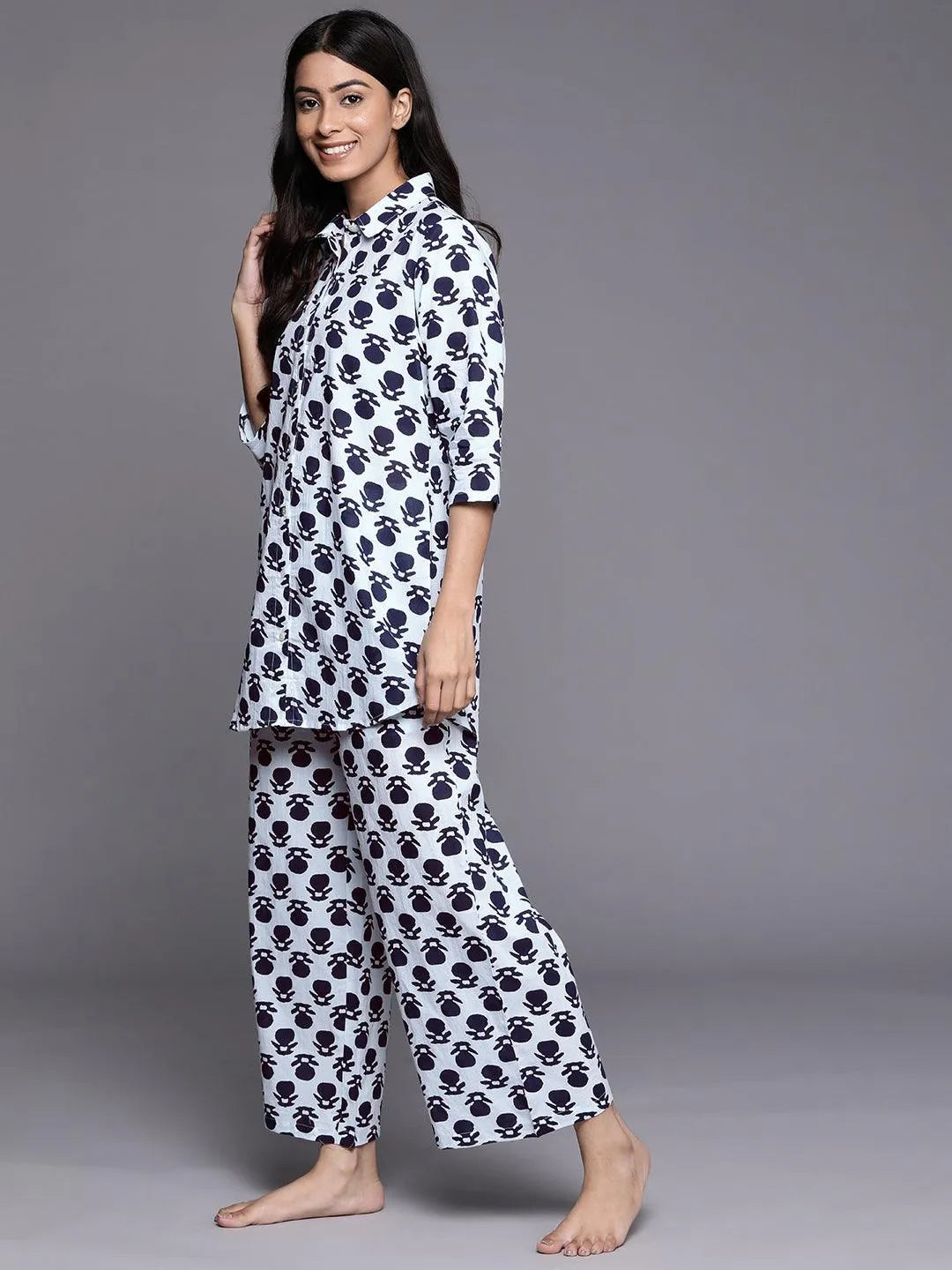 White Printed Cotton Night Suit - Libas