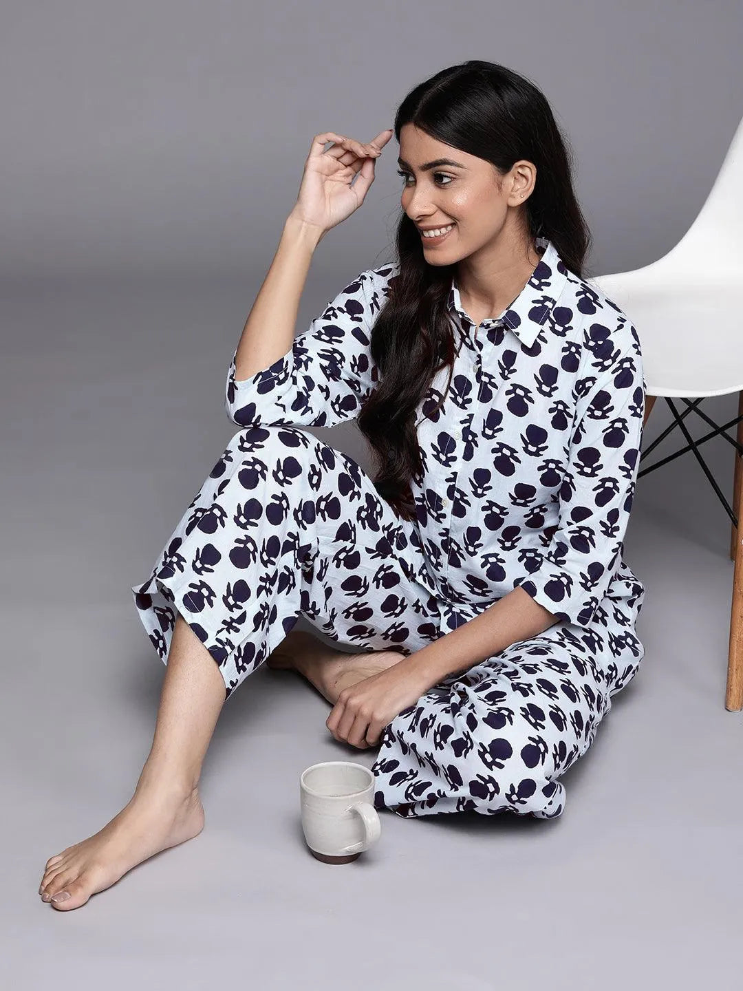 White Printed Cotton Night Suit - Libas 