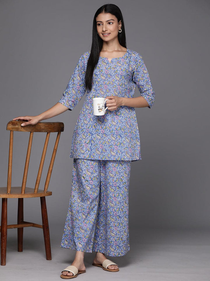 Blue Printed Cotton Night Suit - Libas