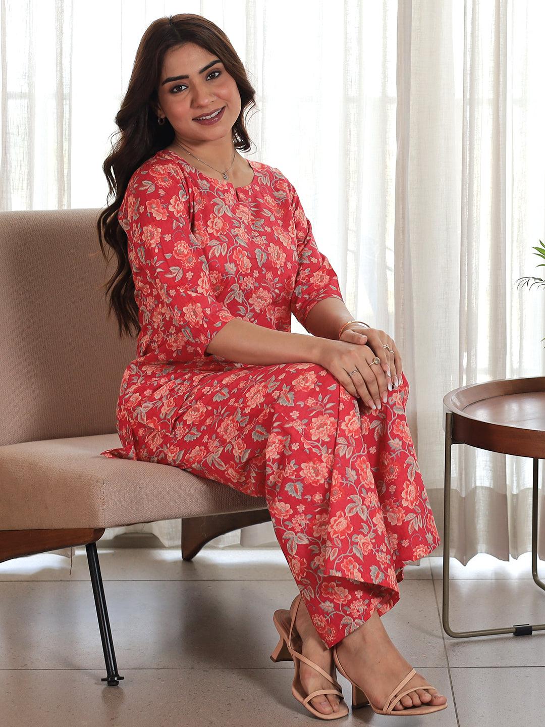 Coral Printed Cotton Night Suits - Libas