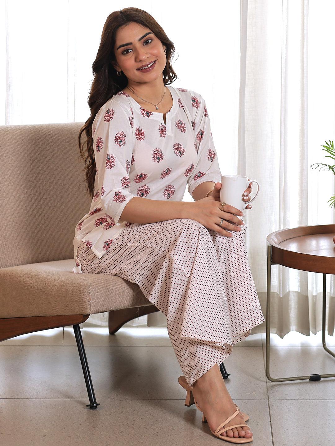 Cream Printed Cotton Night Suits - Libas 