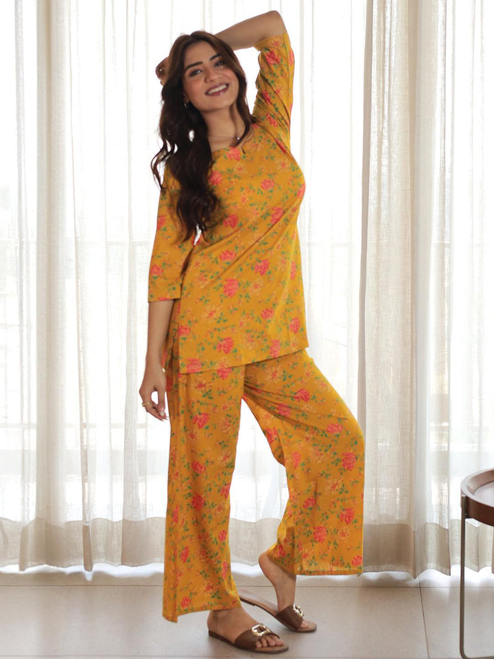 Mustard Printed Cotton Night Suits - Libas