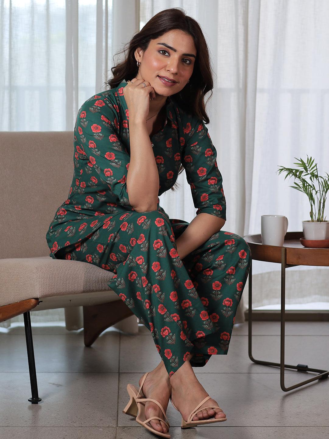 Green Printed Cotton Night Suits - Libas