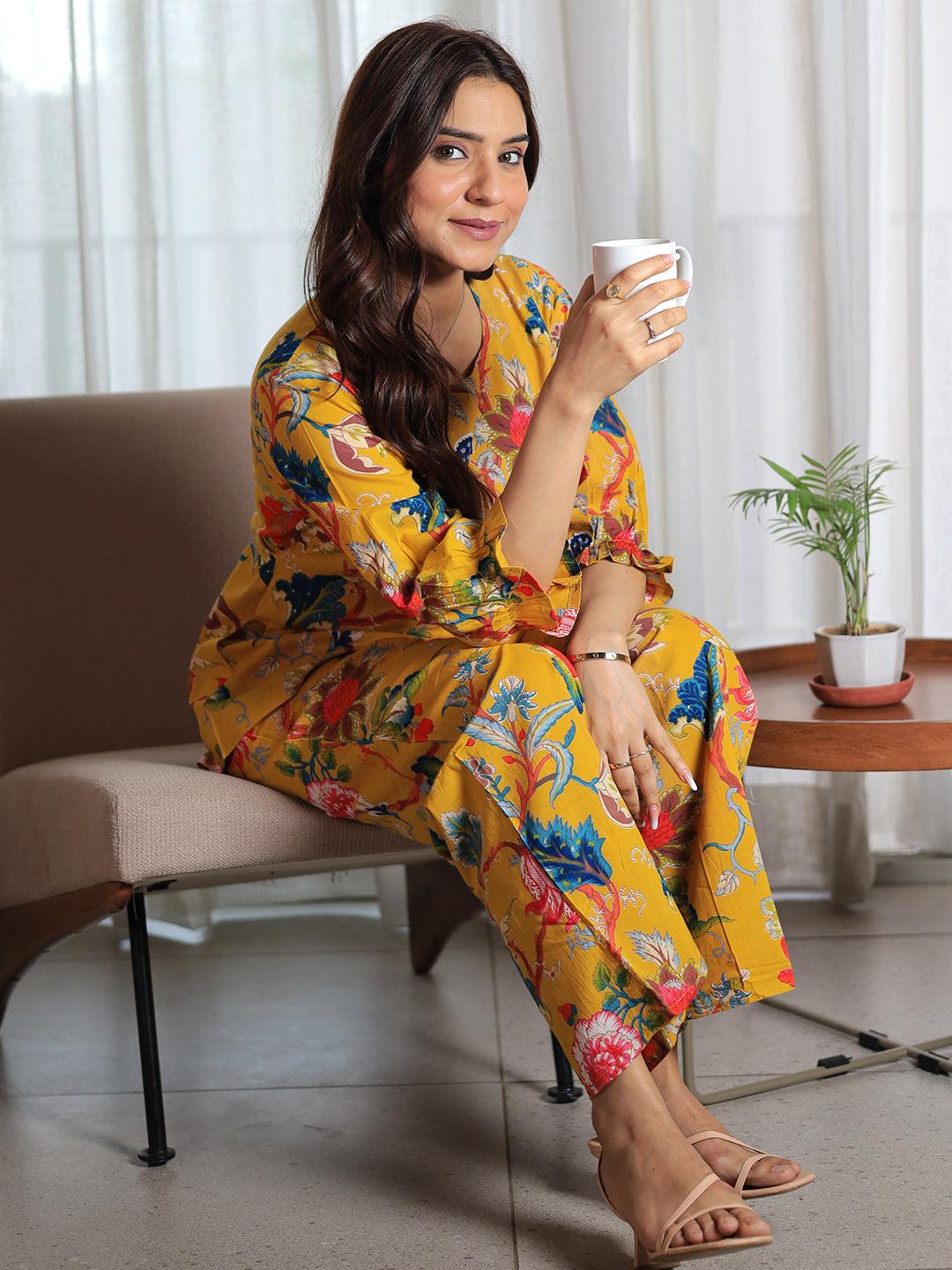 Mustard Printed Cotton Night Suits - Libas 