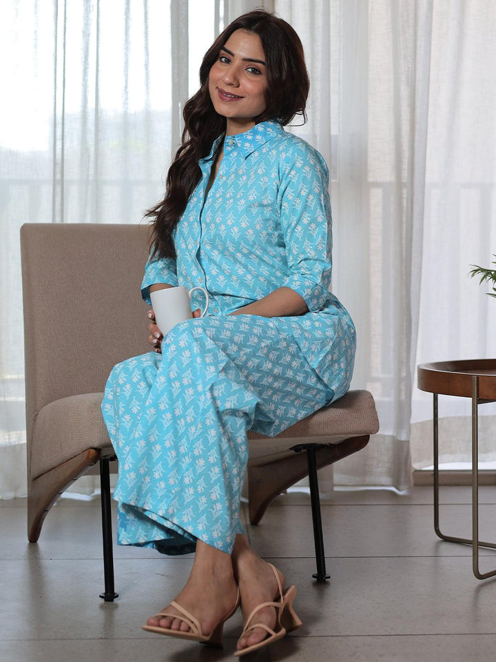 Blue Printed Cotton Night Suits - Libas