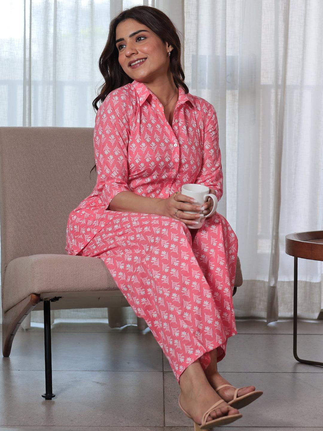 Peach Printed Cotton Night Suits - Libas 