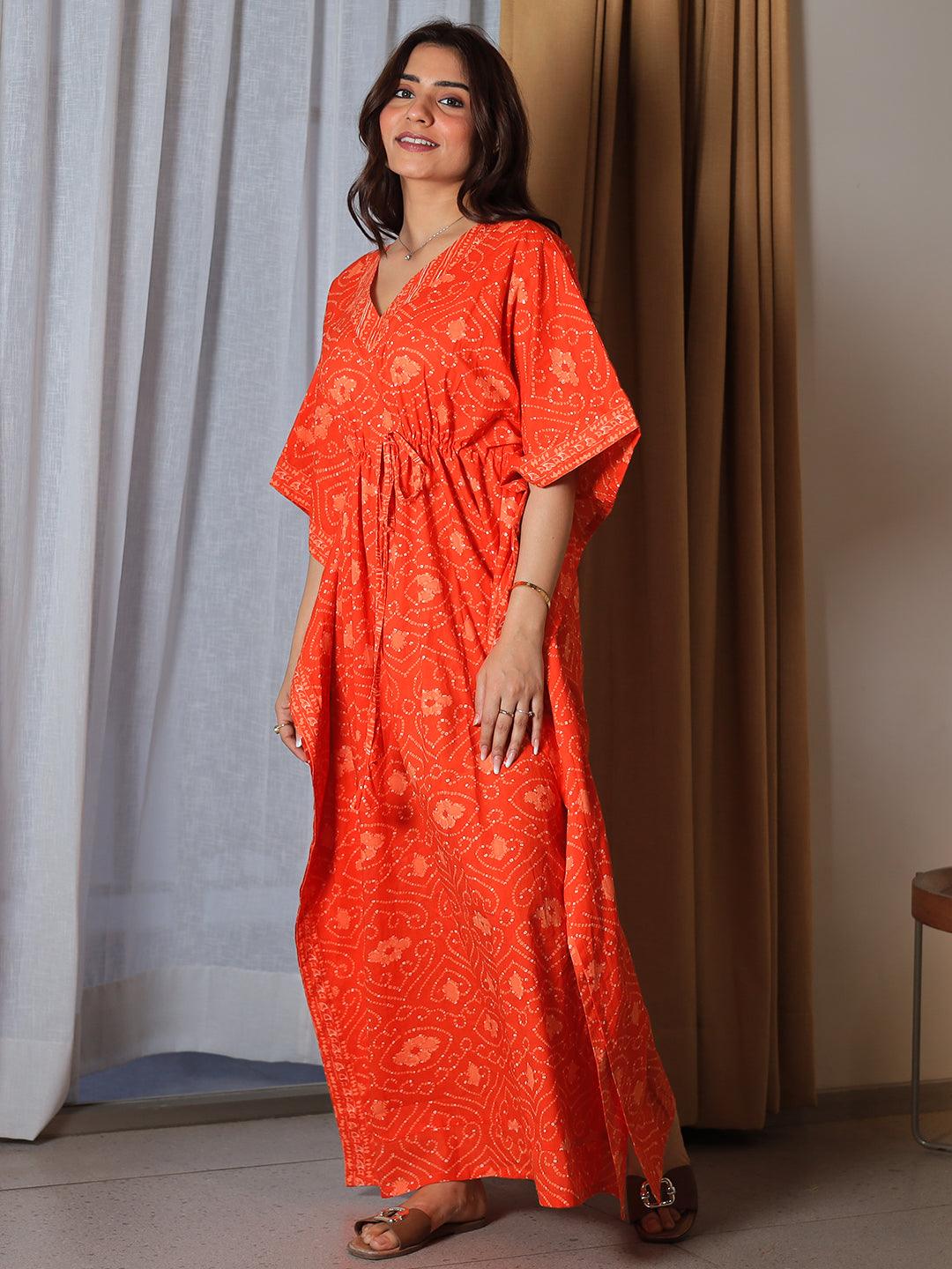 Orange Printed Cotton Kaftan Night Dress - Libas