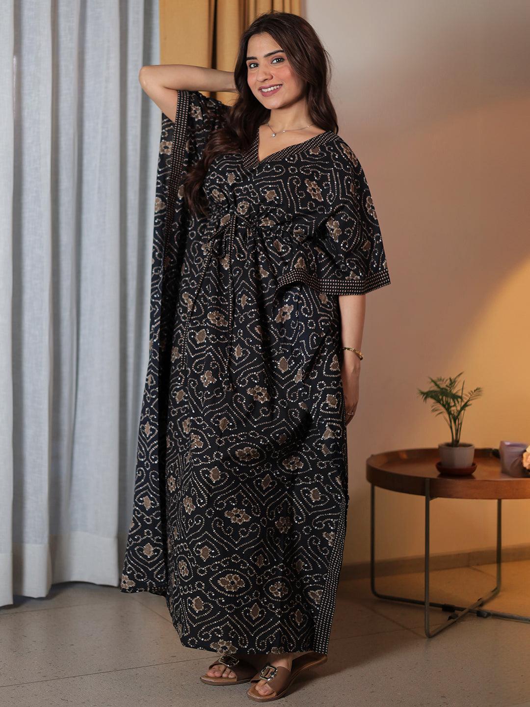 Black Printed Cotton Kaftan Night Dress - Libas