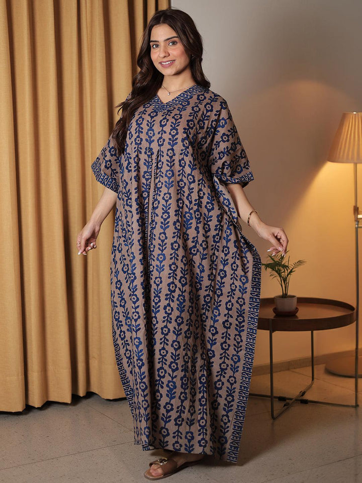 Blue Printed Cotton Kaftan Night Dress - Libas