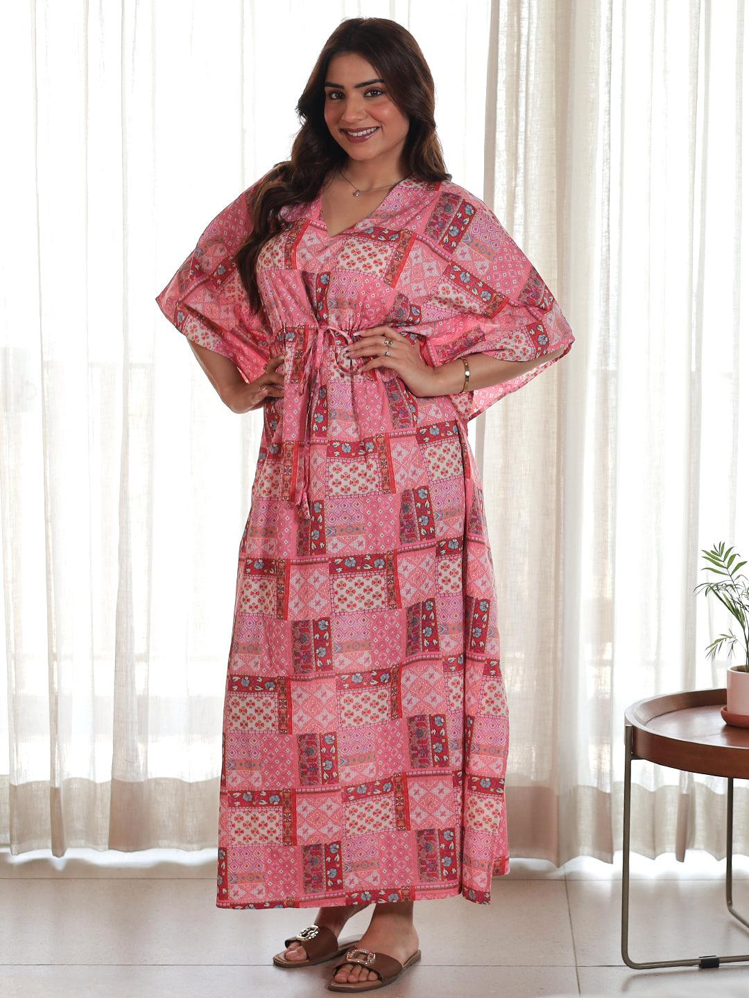 Pink Printed Cotton Kaftan Night Dress - Libas