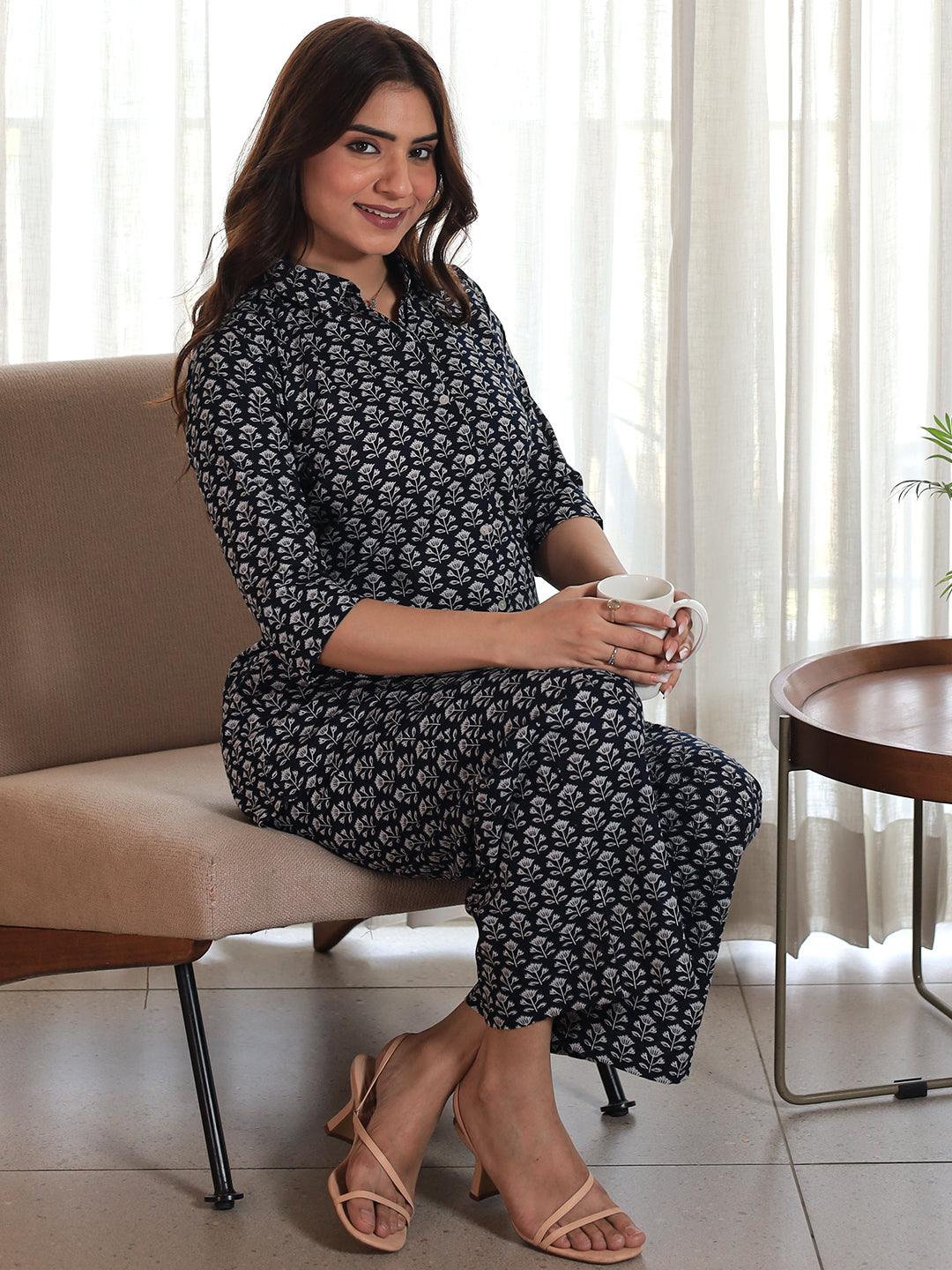 Navy Blue Printed Cotton Night Suits - Libas 