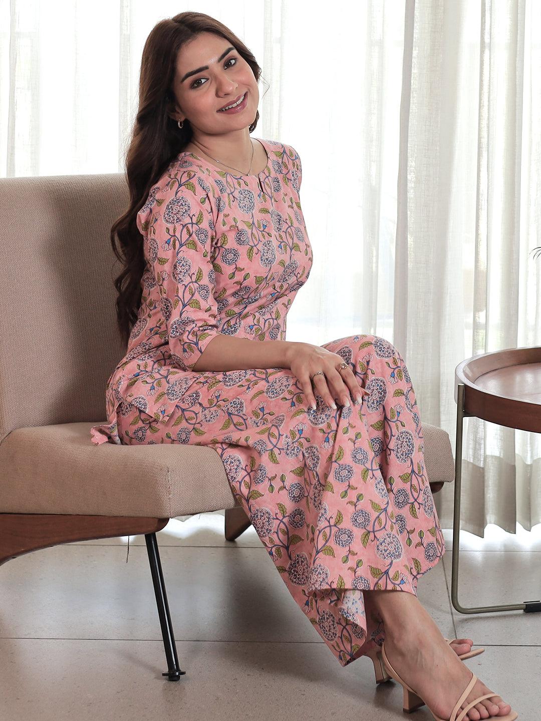 Peach Printed Cotton Night Suits - Libas