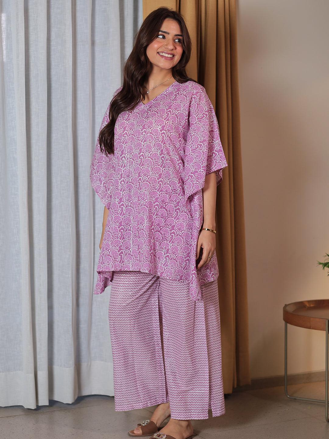 Purple Printed Cotton Night Suits - Libas 