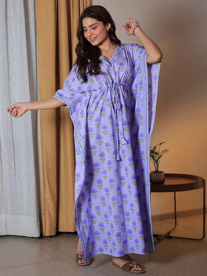 Purple Printed Cotton Kaftan Night Dress - Libas