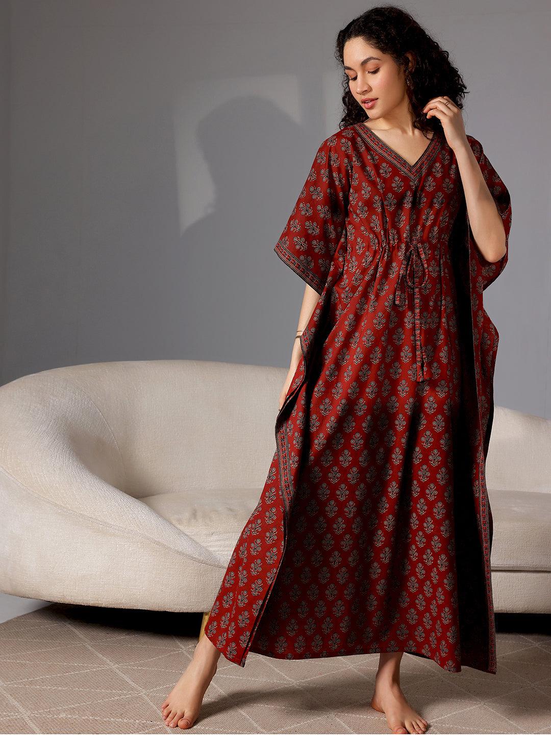 Maroon Printed Cotton Kaftan Night Dress - Libas