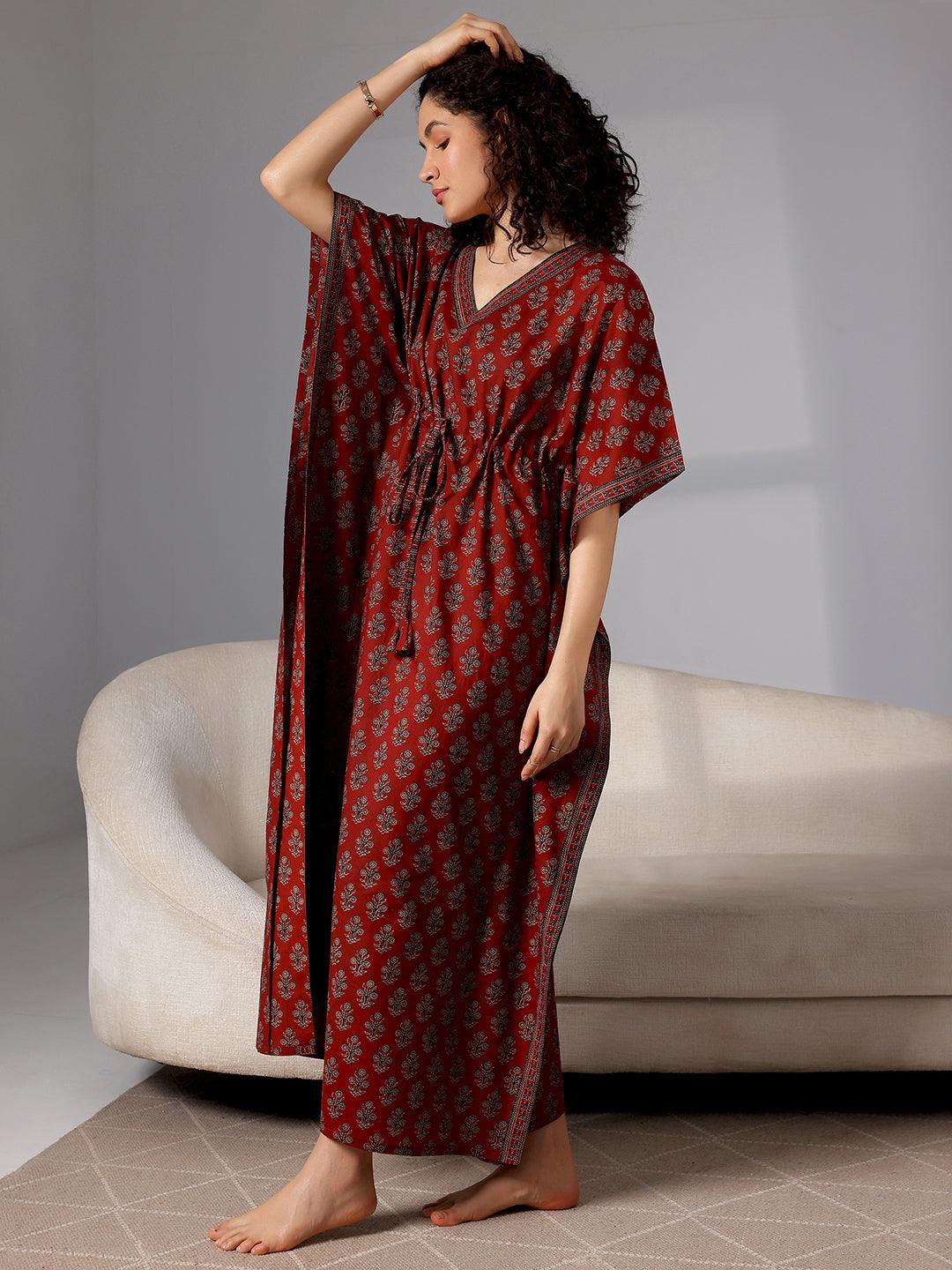 Maroon Printed Cotton Kaftan Night Dress - Libas