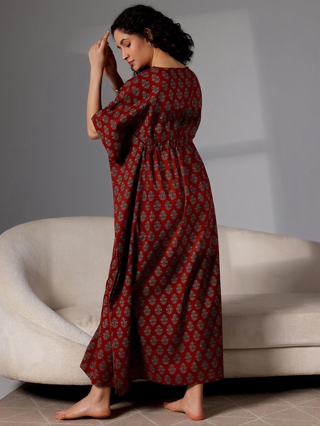 Maroon Printed Cotton Kaftan Night Dress - Libas