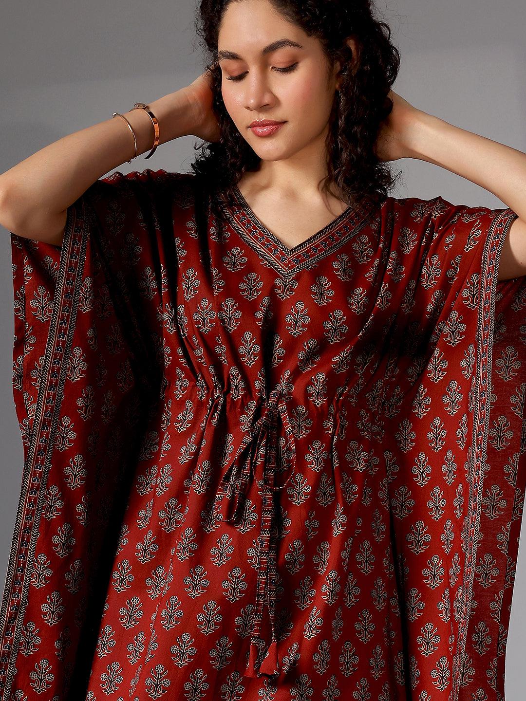 Maroon Printed Cotton Kaftan Night Dress - Libas 