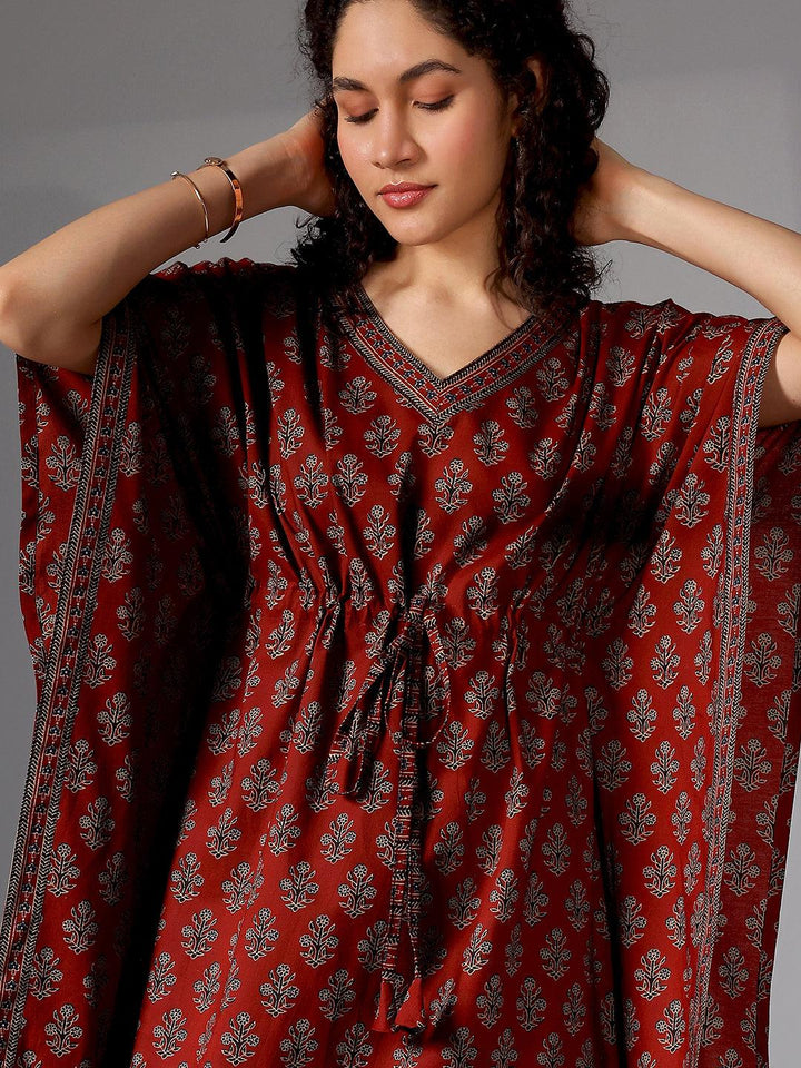 Maroon Printed Cotton Kaftan Night Dress - Libas