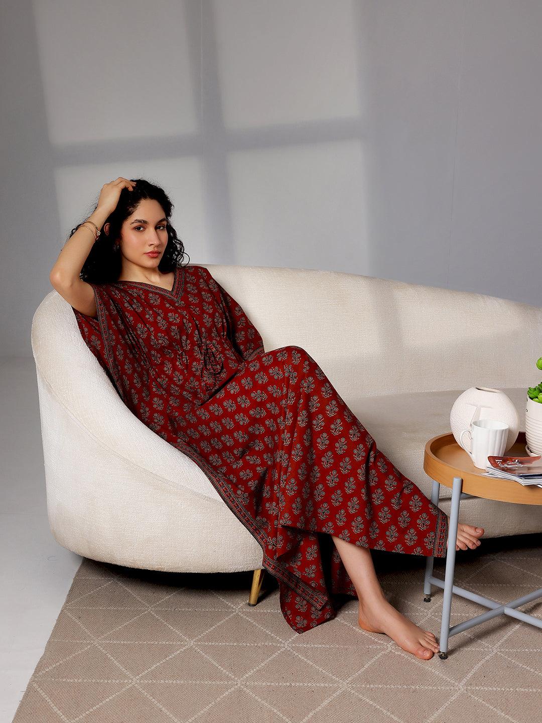 Maroon Printed Cotton Kaftan Night Dress - Libas 