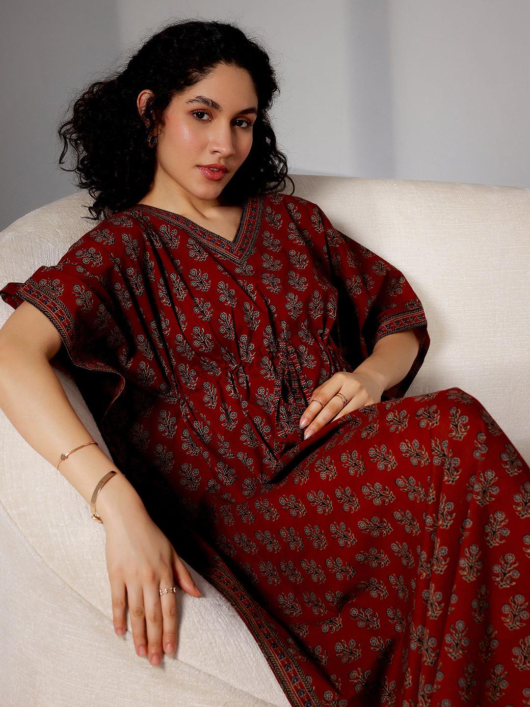 Maroon Printed Cotton Kaftan Night Dress - Libas