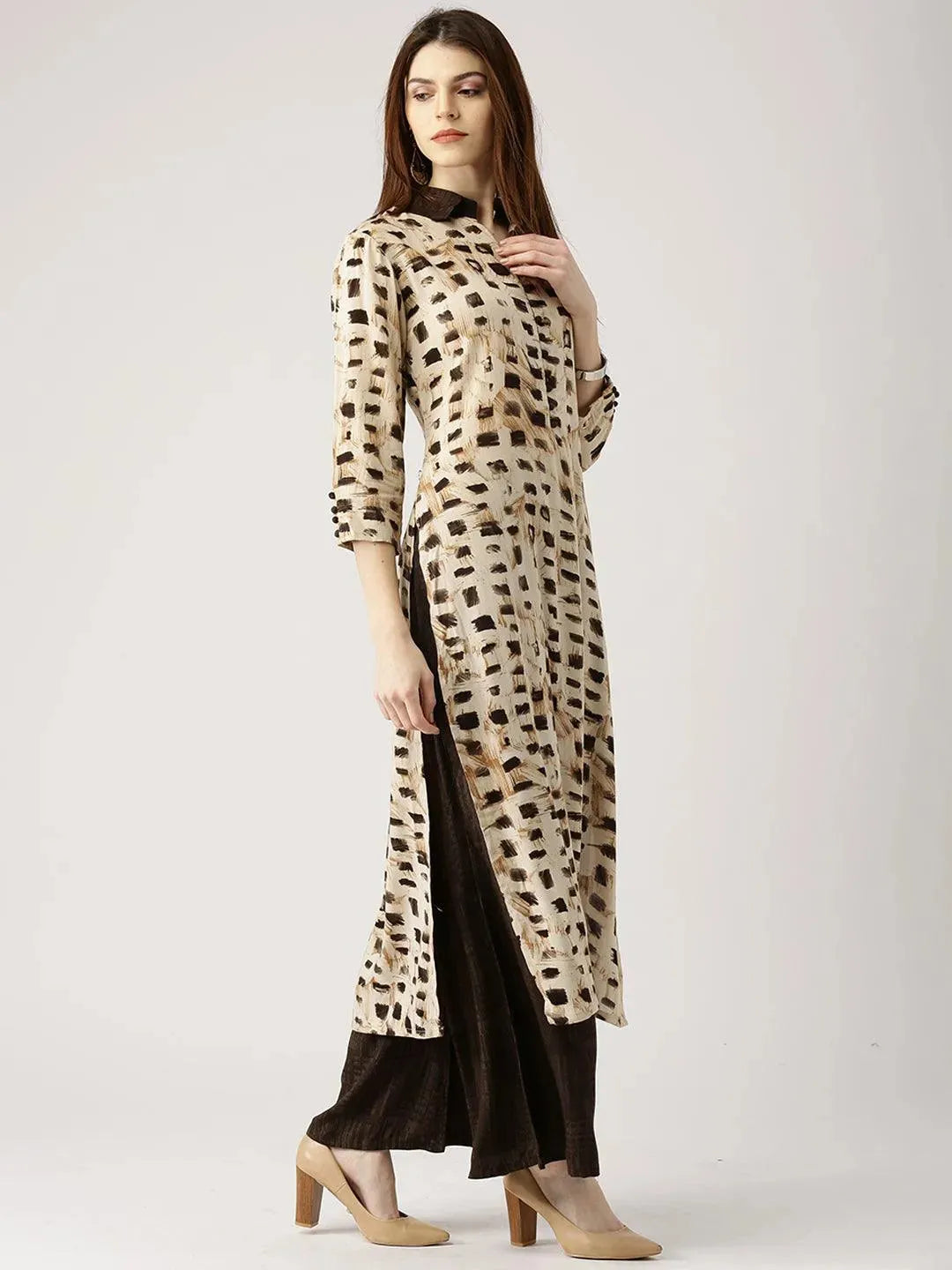 

Beige Printed Rayon Straight Kurta With Palazzos