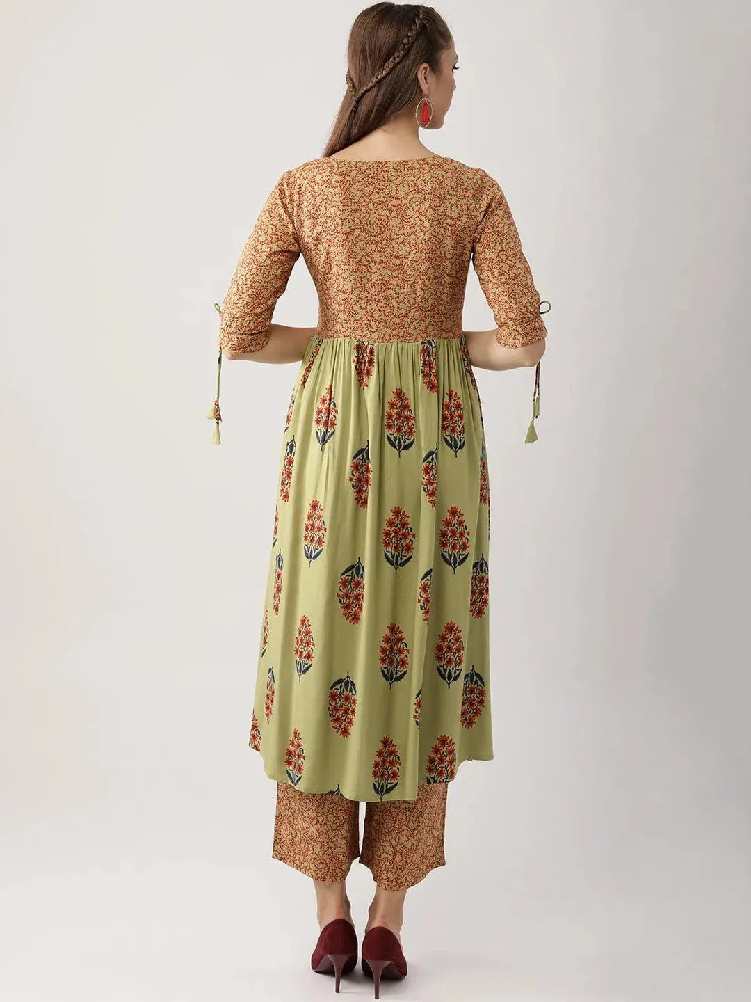 

Green Printed Rayon A-Line Kurta With Palazzos