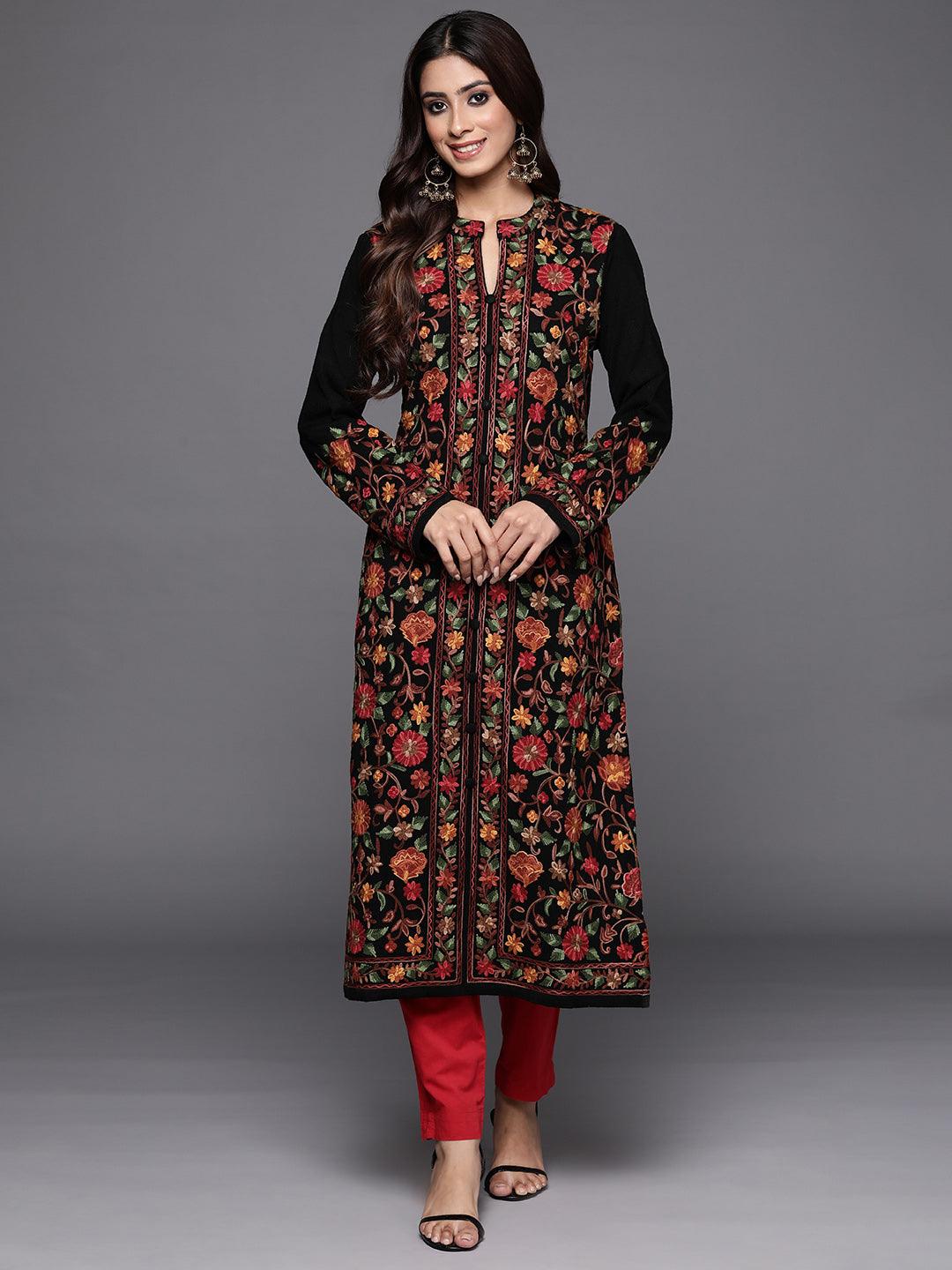 Black Embroidered Wool Straight Kurta - Libas