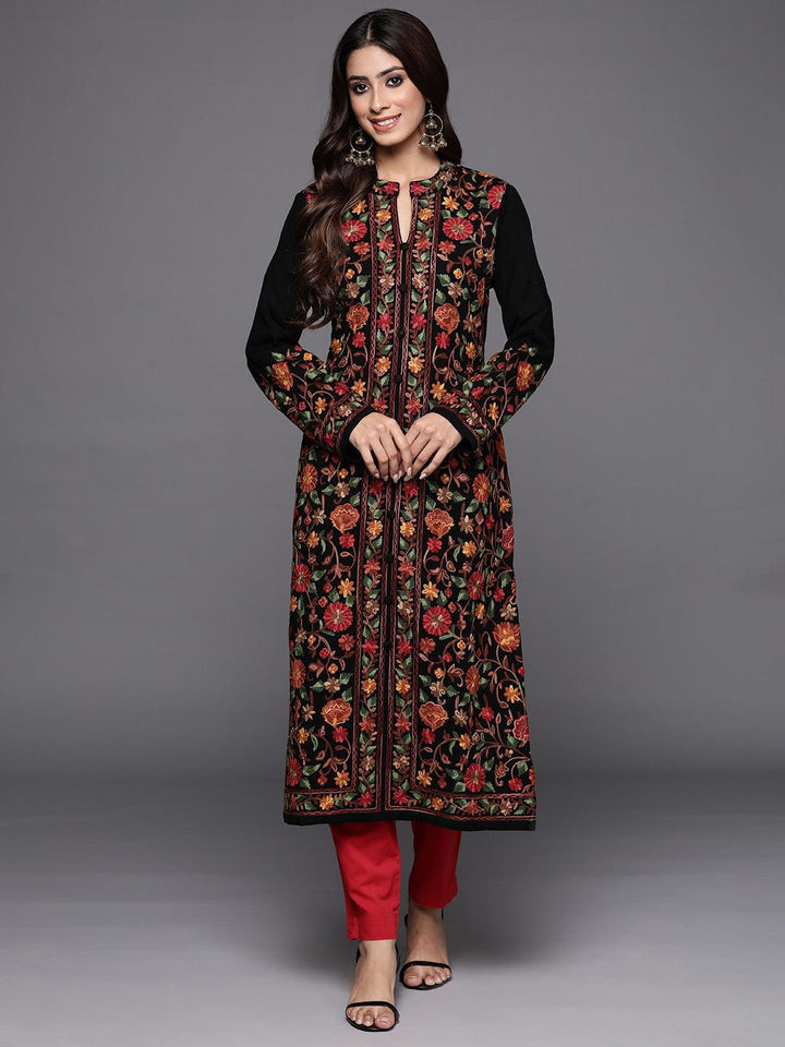 Black Embroidered Wool Straight Kurta - Libas