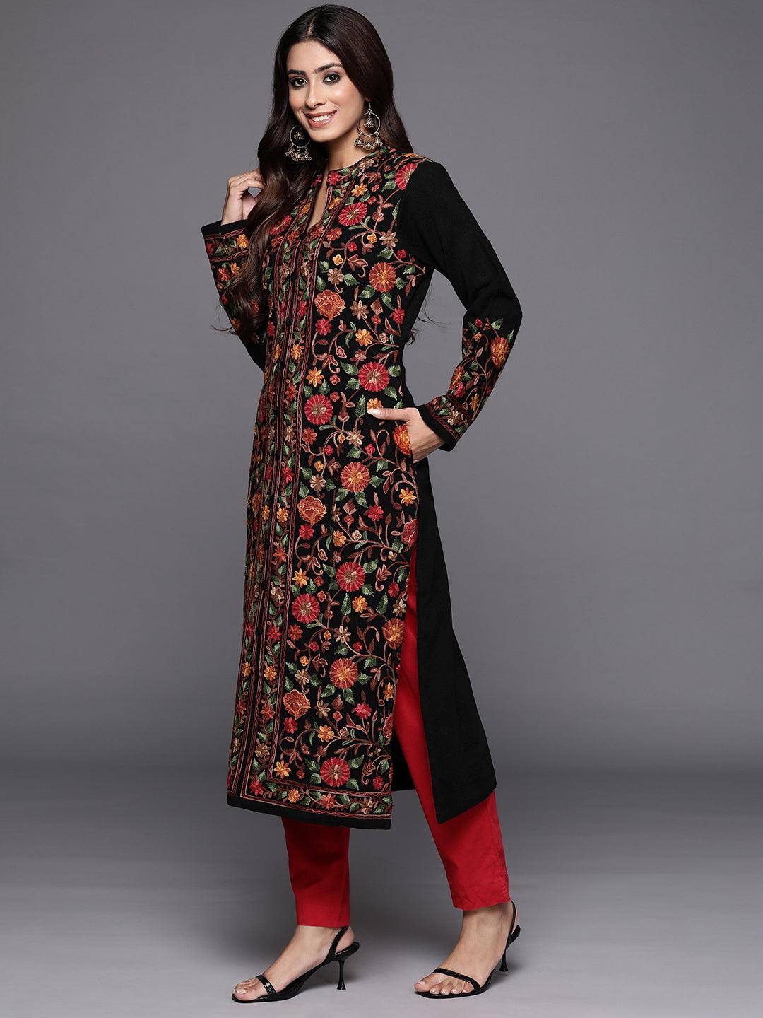 Black Embroidered Wool Straight Kurta - Libas