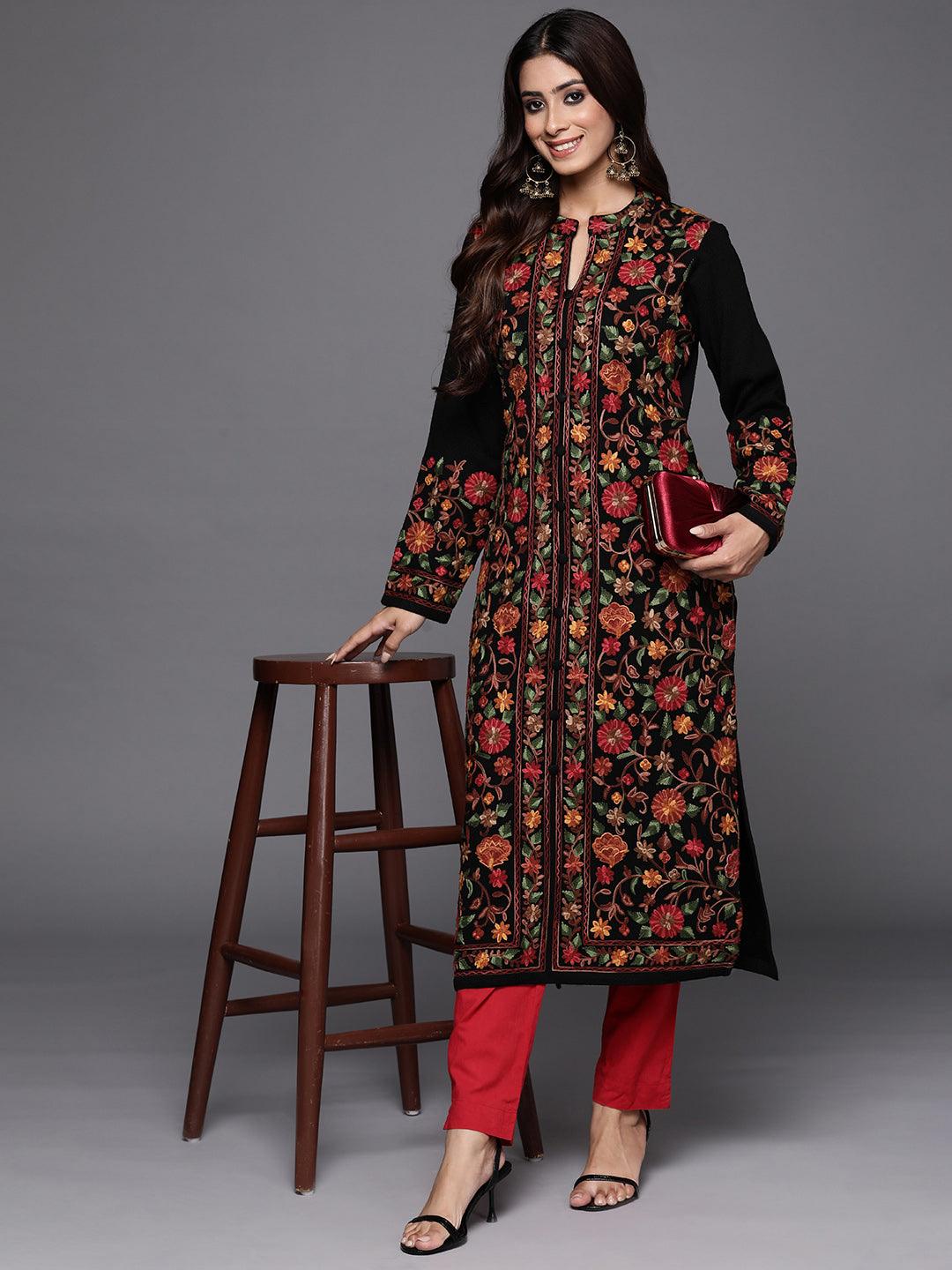 Black Embroidered Wool Straight Kurta - Libas