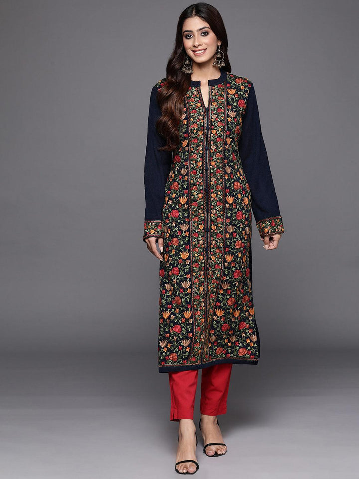 Blue Embroidered Wool Straight Kurta - Libas