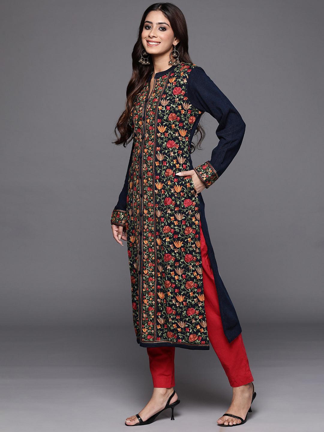 Blue Embroidered Wool Straight Kurta - Libas