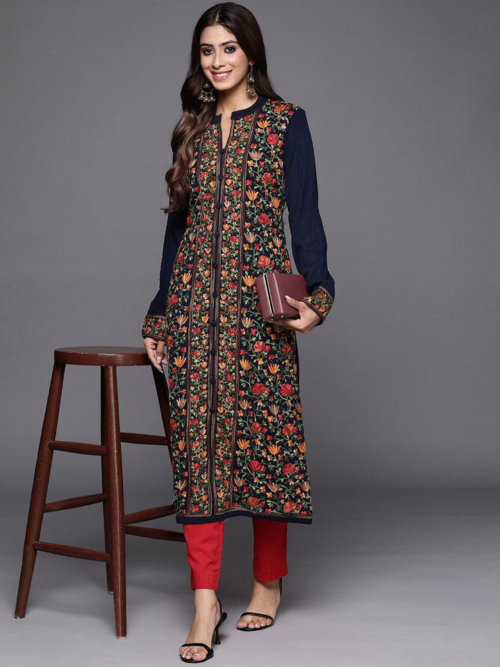 Blue Embroidered Wool Straight Kurta - Libas