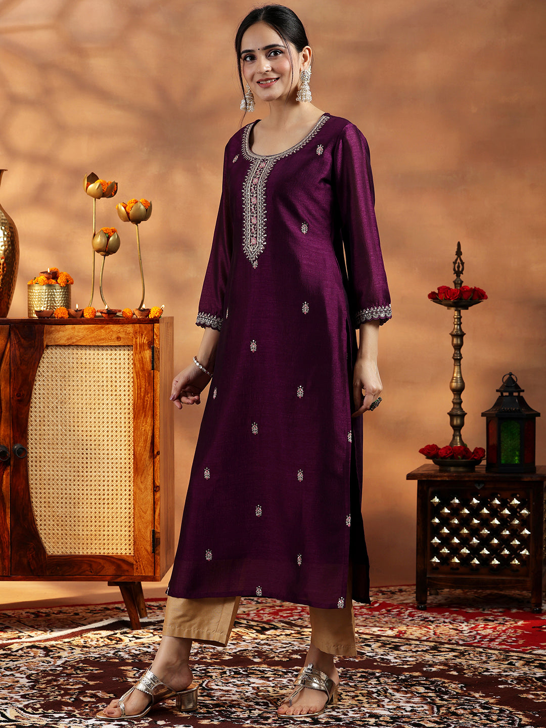 Wine Embroidered Silk Straight Kurta